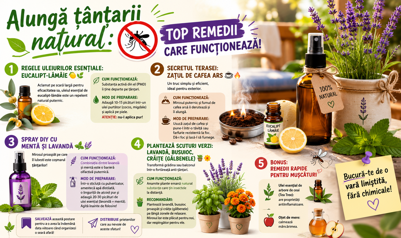 Descoperă cele mai eficiente remedii naturale împotriva țânțarilor: eucalipt-lămâie, zaț de cafea ars, spray cu lavandă și plante aromatice pentru o vară fără griji.