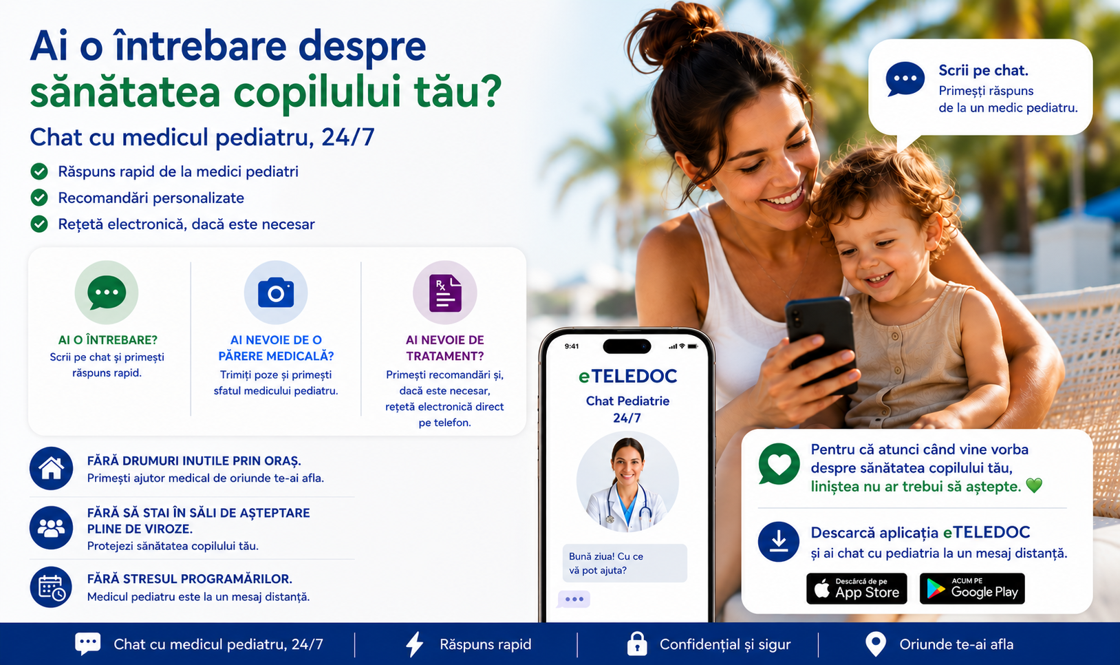 Copilul are febră sau alte simptome? Descoperă cum te poate ajuta chatul cu medicul pediatru eTELEDOC și beneficiază de consultații online 24/7.
