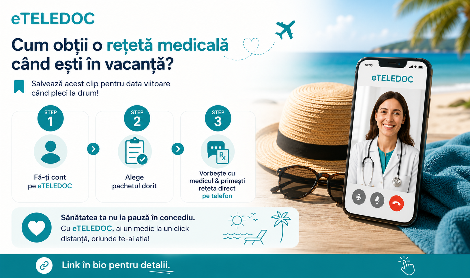 Află cum poți obține rapid o rețetă medicală online în vacanță, prin eTELEDOC, fără drumuri la cabinet sau ore de așteptare.