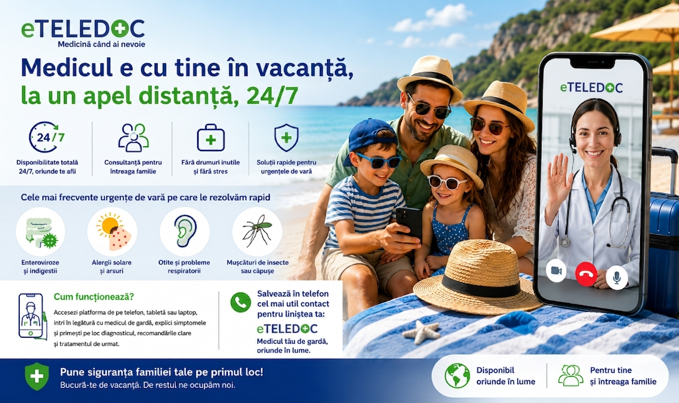 Pleci în concediu? Cu eTELEDOC ai acces 24/7 la medici prin telemedicină, oriunde te afli, pentru urgențele medicale de vară ale întregii familii.